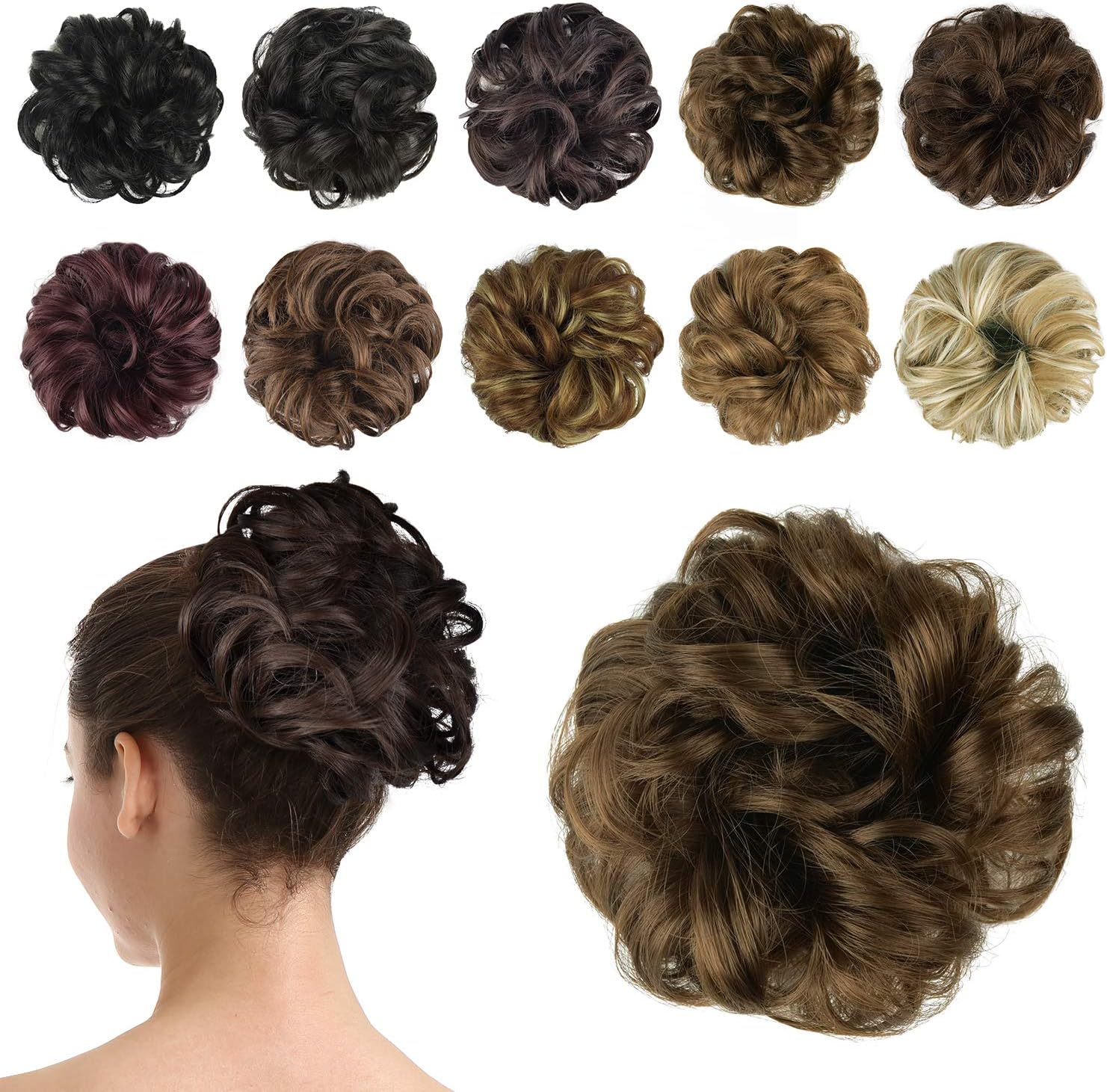 BARSDAR Hair Bun Extensions Hairpiece Hair Rubber Scrunchies for Women Ponytail Extensions Updo Curly Messy Bun - Golden Brown