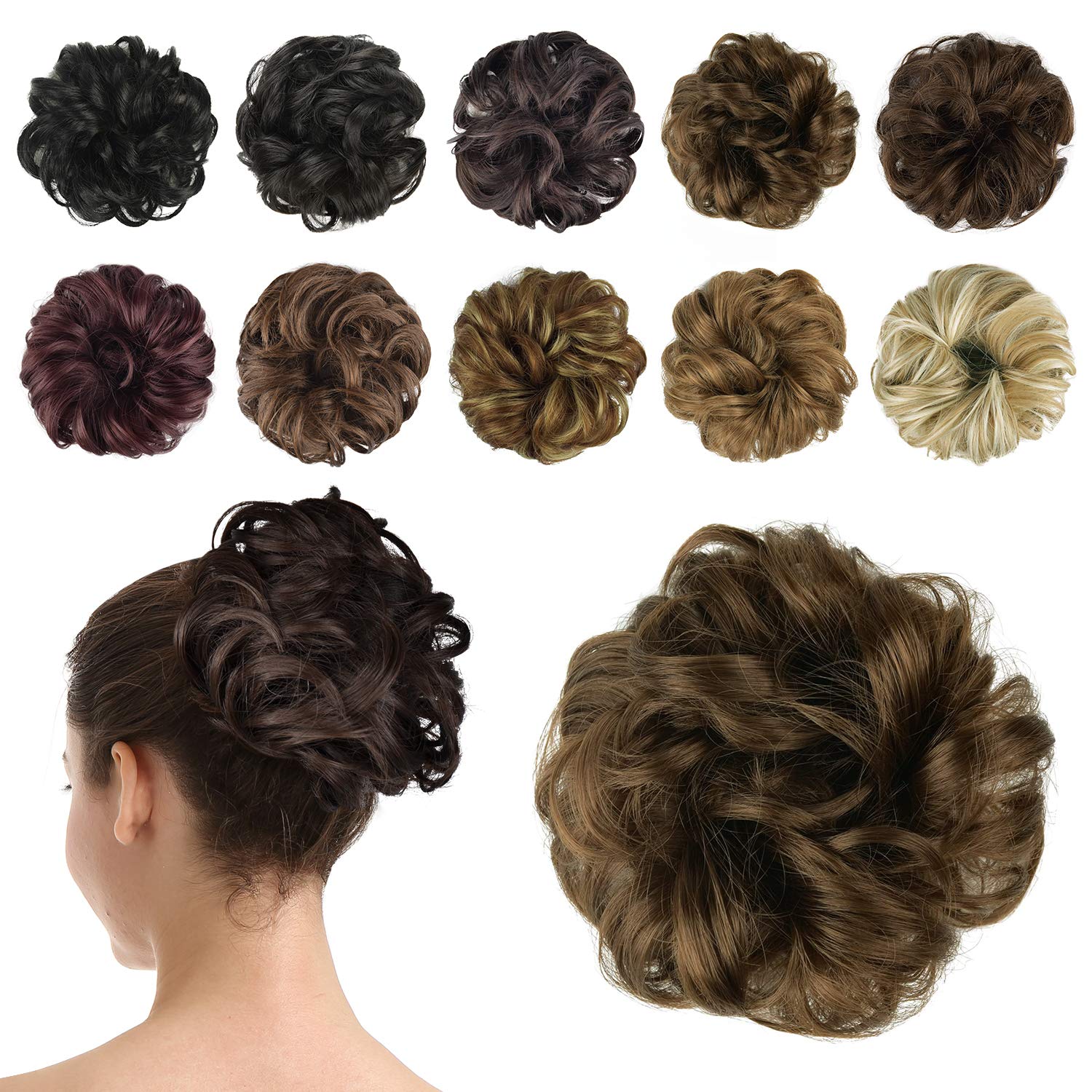 BARSDAR Hair Bun Extensions Hairpiece Hair Rubber Scrunchies for Women Ponytail Extensions Updo Curly Messy Bun - Golden Brown