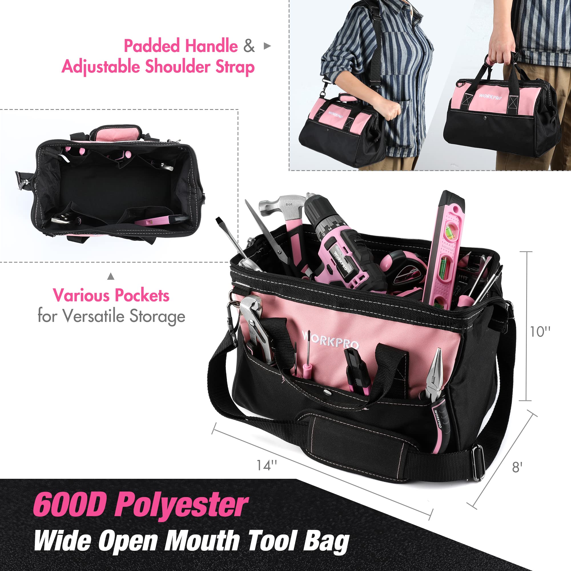 WORKPRO Pink Household Tool Kit with Drill, 157PCS Tool Set with 20V Cordless Lithium-ion Drill Driver, Home Tool Kit for All Purpose, Power Drill Sets with Pink Tool Bag - Pink Ribbon