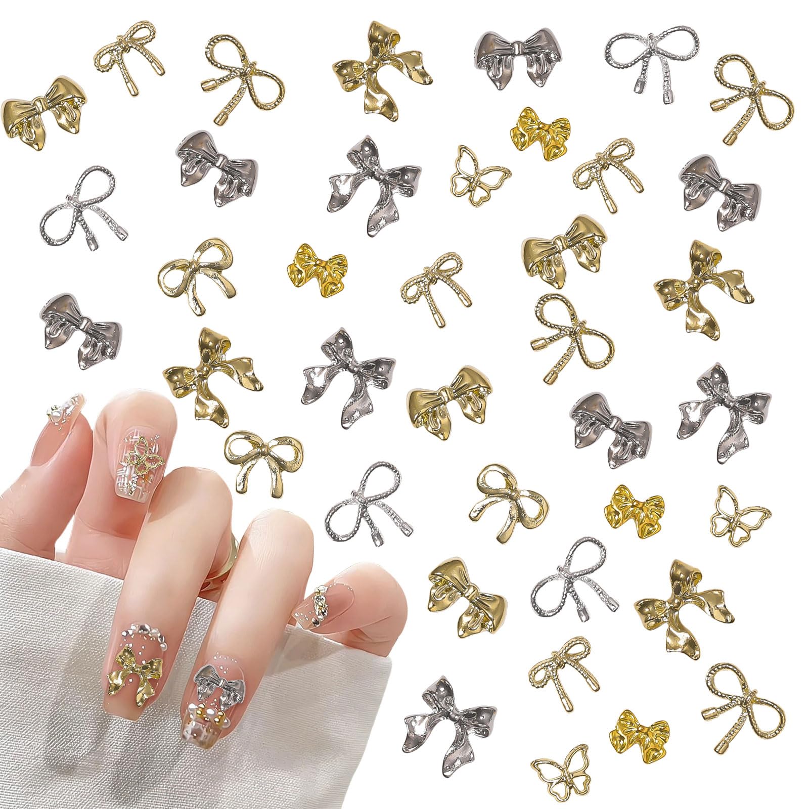 Bow Nail Charms, 100 Pcs 3D Bows Nail Charms Gold Silver Nail Gems Metal Bowknot Butterfly Nail Art Decorations Nail Jewels for Women Girls Nail Design DIY Crafts (Gold+Silver D)