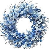 Bibelot 22inch Artificial Forsythia Flower Wreath Spring Summer Fall Wreath Silk Leaves for Front Door Porch Farmhouse Patio Garden Home Decor (Blue)