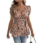 OYOANGLE Women's Maternity Blouse Printed V Neck Puff Short Sleeve Ruffle Hem Knot Side Wrap Shirt Top
