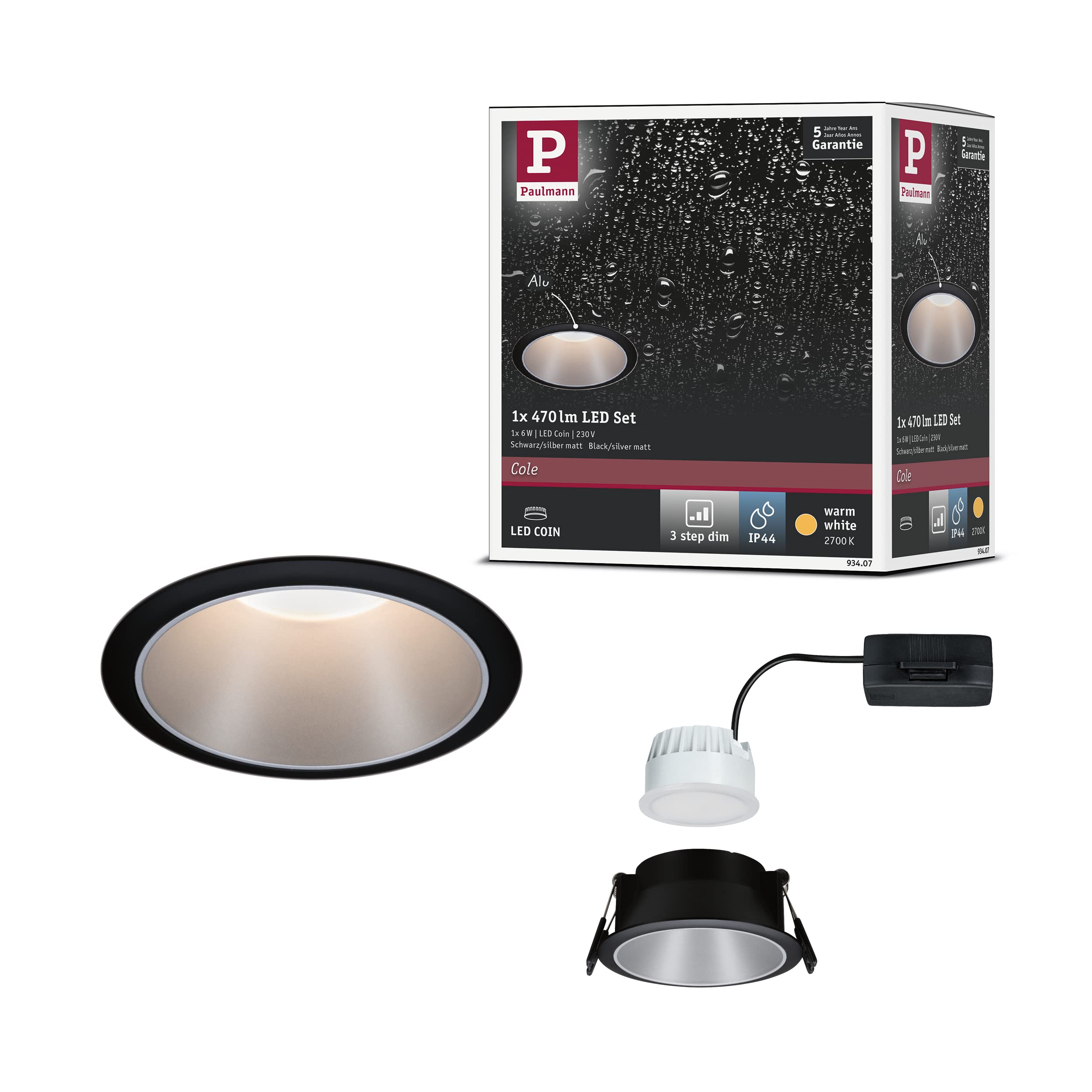 Paulmann 93407 LED Cole recessed luminaire Round incl. 1x6.5 watt dimmable recessed Spotlight Black, Silver recessed lamp Plastic, Aluminium zinc Ceiling spot 2700 K [Energy Class G]