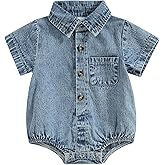 Unisex Newborn Baby Boy Girl Clothes Denim Button Up Shirt Oversized Lapel Short Sleeve Bubble Romper Outfit