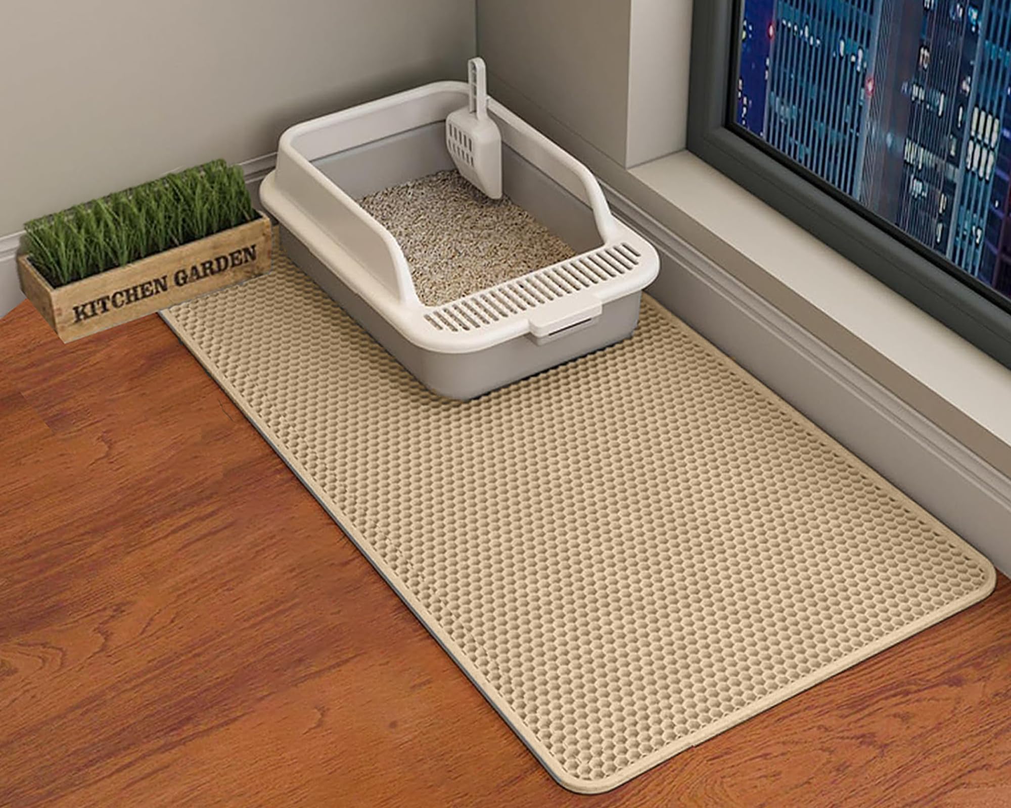 Photo 1 of Hcy&Wld Cat ter Mat, 45x26 Inch Extra Large&Long Double Layer Cat Litter Box Mat, EVA Non-Slip, Waterproof Urine Proof Cat Litter Catcher Mat, Easy Clean Scatter Control (45x26 Inch, Khaki)