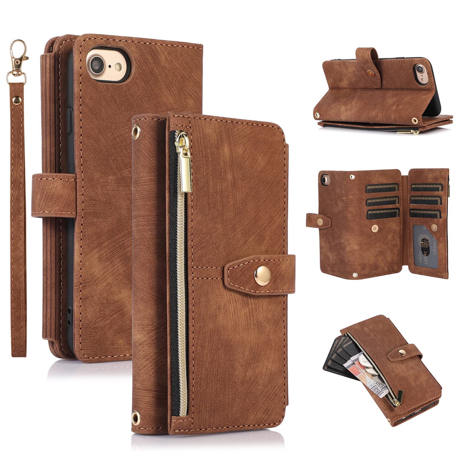 UEEBAI Case for iPhone 7/8/SE 2022 5G/SE 2020, 9 Card Slots Retro Leather Wallet Shockproof Flip Cover with Hand Strap Card Slots Zipper Pocket Kickstand Magnetic - Vintage Brown — image 1
