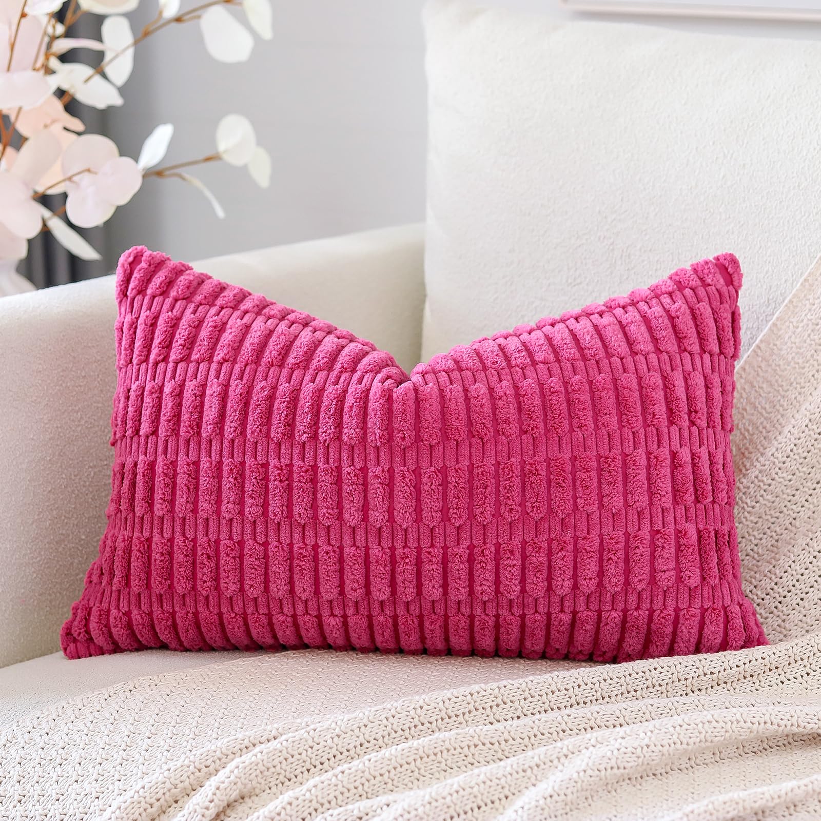 Photo 1 of OTOSTAR Corduroy Decorative Throw Pillow Covers 16x24 Inch Super Soft Boho Striped Rectangle Pillow Covers Case Modern Cushion Covers for Sofa Couch Bedroom Car Decor Hot Pink