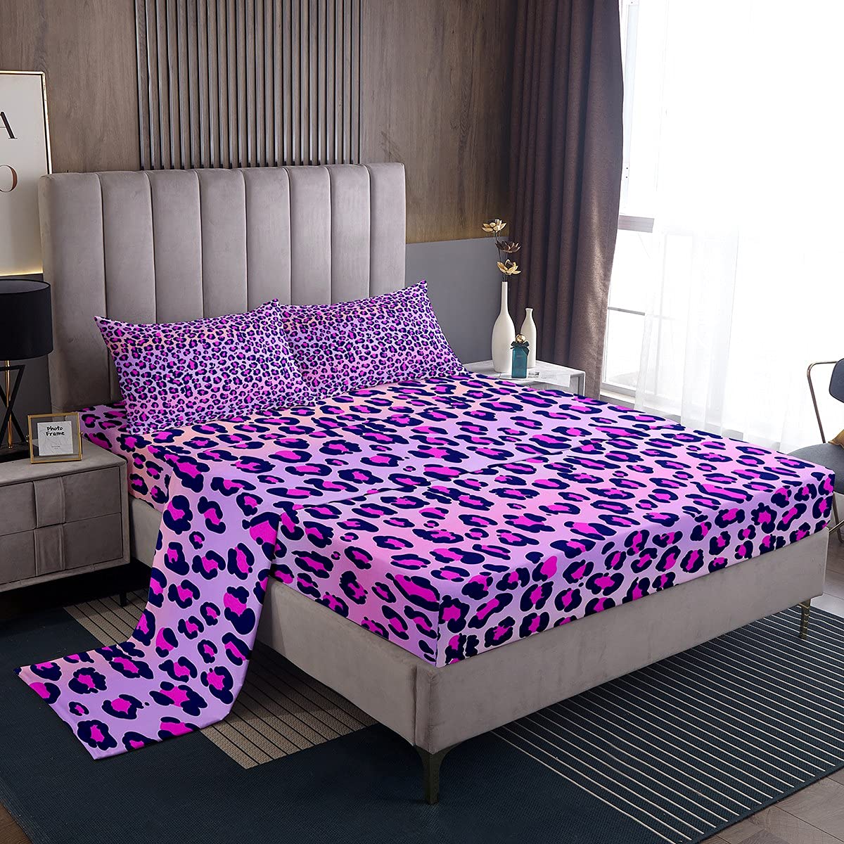 Loussiesd Girls Sheet Set King Leopard Bed Sheet Set Purple Cheetah Bedding Set Wild Animal Sheets Set for Girl Children Teens Bedding (Flat & Fitted Sheet,2 Pillow Case)