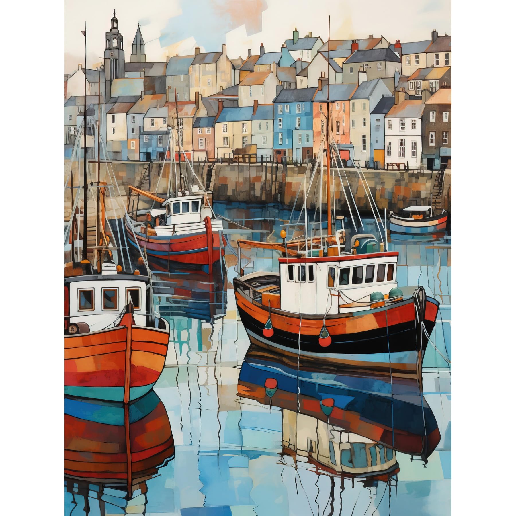 Artery8 Newlyn Harbour Trawler Boats Promenade Watercolour Painting Cornwall Coastal Townscape Extra Large XL Wall Art Poster Print