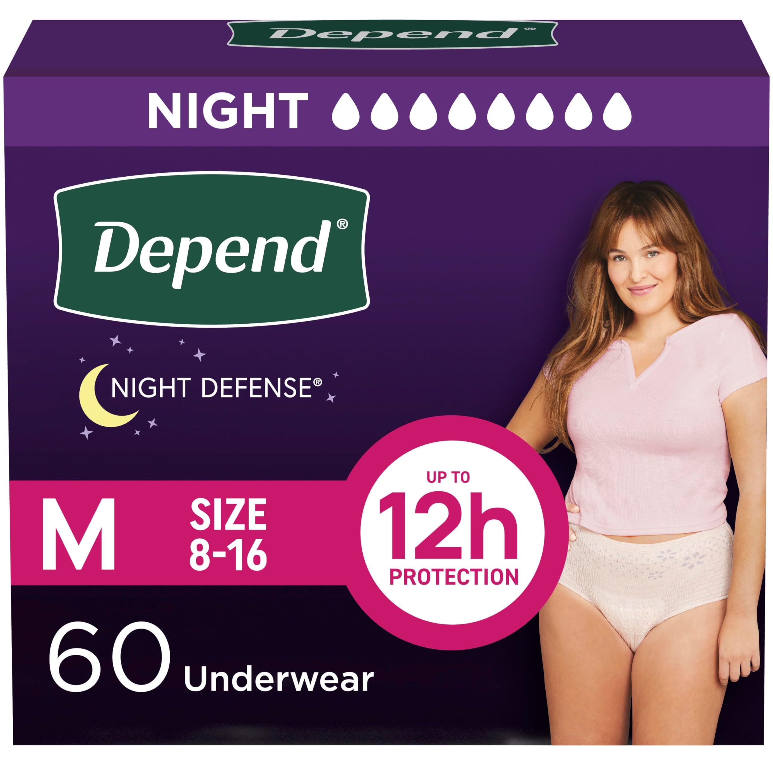 Photo 1 of Depend Night Defense Adult Diapers, Incontinence & Postpartum Bladder Leak Underwear for Women, Disposable, Overnight, Medium, Blush, 60 Count (4 Packs of 15), Packaging May Vary