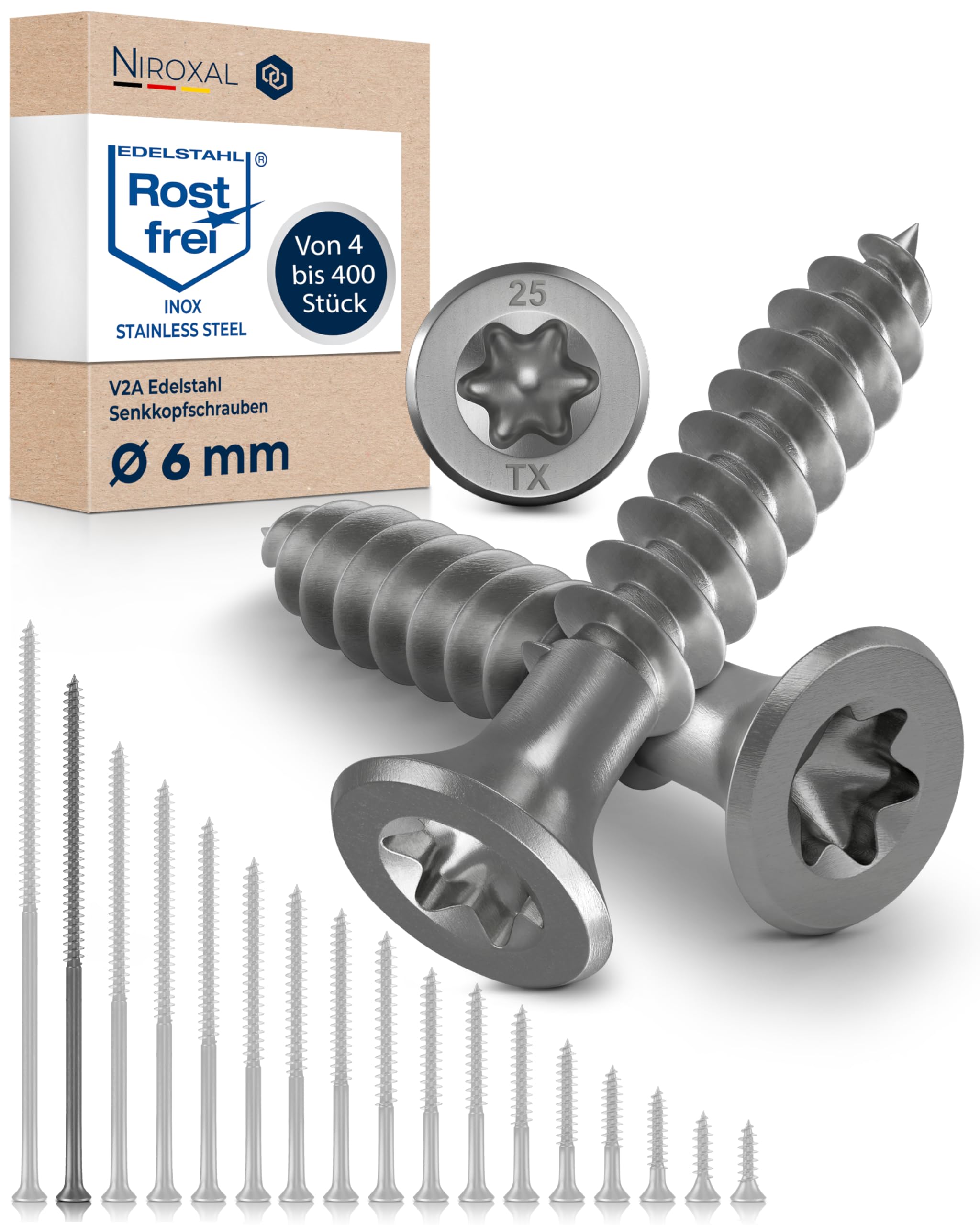 Wood Screws 6 x 160 mm TORX Countersunk Head Stainless Steel 304 Chipboard Screws Timber Screws Partial Thread Rustproof A2 25 Pack