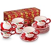 Sieral 6 Sets Christmas Santa Cups and Saucers Ceramic Beverage Drinking Mugs Red Espresso Santa Christmas Coffee Mugs for Cafe Tea Kitchen Holiday Decorations(Snowflake Style)
