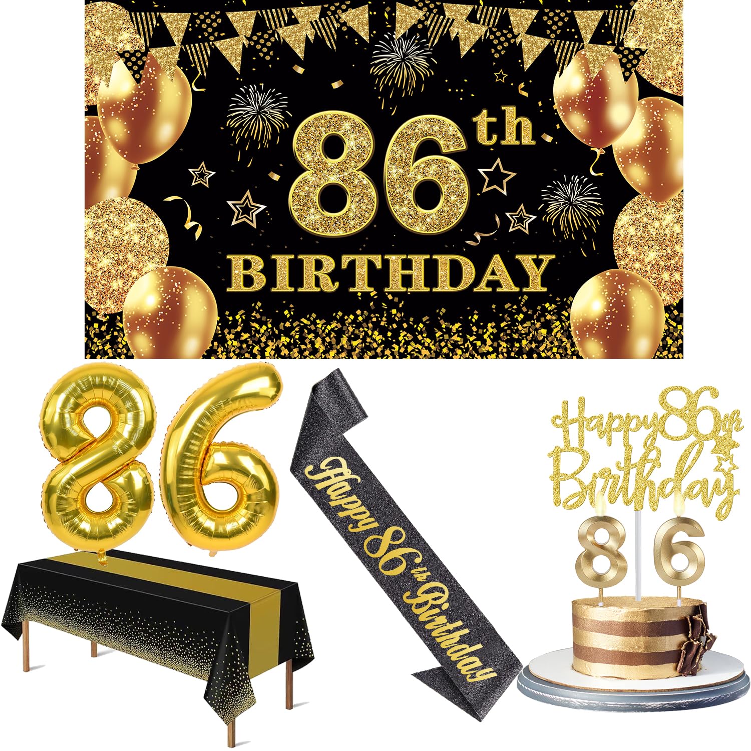 Photo 1 of 86th Birthday Decorations Men Women with 86th Birthday Banner, Black and Gold Table Cloth, Number Balloons, Sash, Cake Topper and Candles