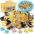 Play Construction Sand Kit,2.2lbs Magic Sand,8 Alloy Construction Vehicles,1 Inflatable Sandbox,8 Worker Figures and Road Signs,6 Castle Molds,1 Storage Box, Sensory Toys for Kids Ages 3+