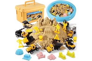 HONGTUO Play Construction Sand Kit,2.2lbs Magic Sand,8 Alloy Construction Vehicles,1 Inflatable Sandbox,8 Worker Figures and Road Signs,6 Castle Molds,1 Storage Box, Sensory Toys for Kids Ages 3+