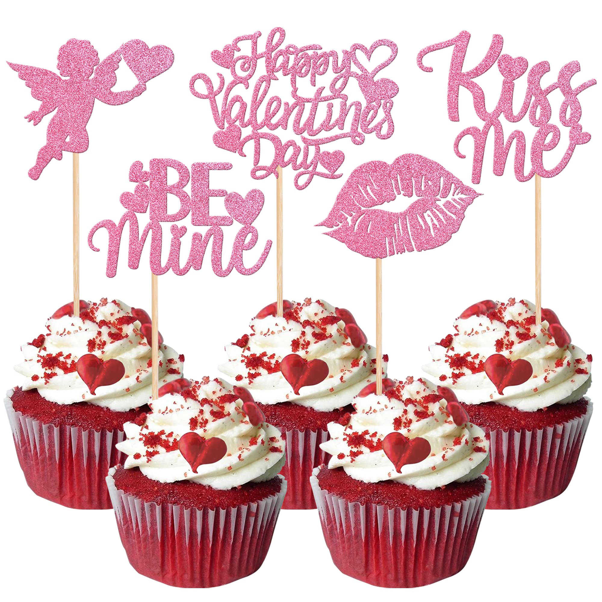 Xsstarmi 30 Pack Happy Valentine's Day Cupcake Toppers Glitter Cupid Love Heart Lip Kiss Me Cupcake Picks Be Mine Cake Decorations for Valentine's Day Wedding Anniversary Party Supplies Pink