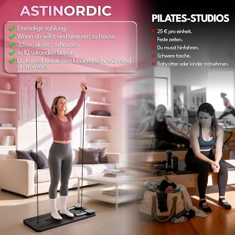 Klappbarer Pilates Reformer für Zuhause mit Zubehör & 10 Übungen – Pilates Board / Pilates Brett, Mini Pilates Reformer Gerät, Home Gym Pilates Reformer Maschine (SCHWARZ)