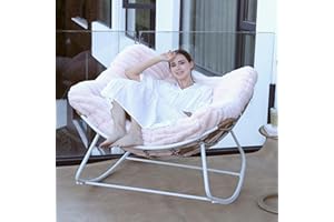 Naga Bahna Papasan Rocking Chair, Rattan Rocking Chair, Oversized Outdoor Chair with Deep Seat Thick Cushion, Patio Rocking Chair for Bedroom/Porch/Garden (Pink & White)