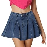 Allegra K Pleated Denim Skirt for Women's Casual A-Line High Waist Short Mini Jean Skirts