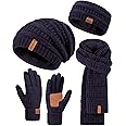 Womens Winter Beanie Hat Scarf Gloves Headband Set, Slouchy Beanie Ear Warmer Knit Scarf Touchscreen Gloves Warm 4 Gift Set