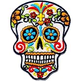 Graphic Dust White Colorful Sugar Skull Embroidered Iron on Patch Calavera Good Luck Applique Sign Symbol Logo Cute Happy Death Lucky Spirit Decoration Coco Day of the Dead Backpack DIY Costume