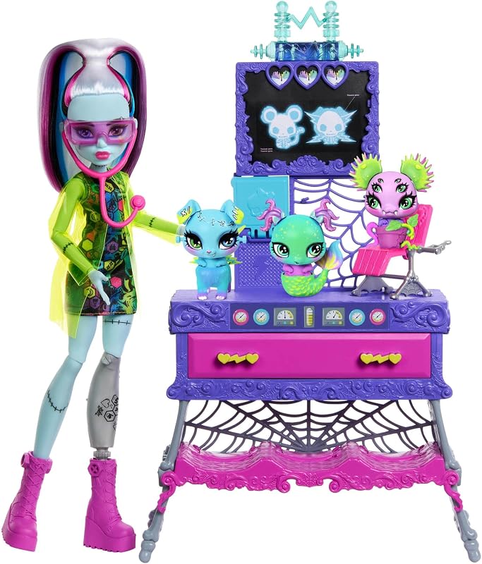 Frankie Stein Cria o teu kit de brincadeiras de animais monstro com boneca e mais de 30 acessórios para criar quantos animais quiseres, laboratório científico louco, JBF18, Lilas.