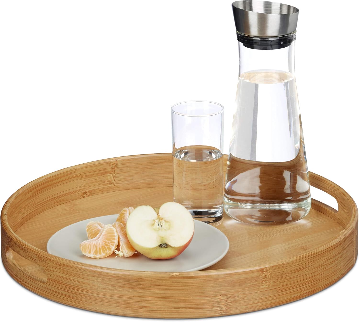 Relaxdays Round Bamboo Serving Tray, Raised Edge, Food Tray, Cut-Out Handles, Size: 5 x 38.5 x 38.5 cm, Wood, Natural