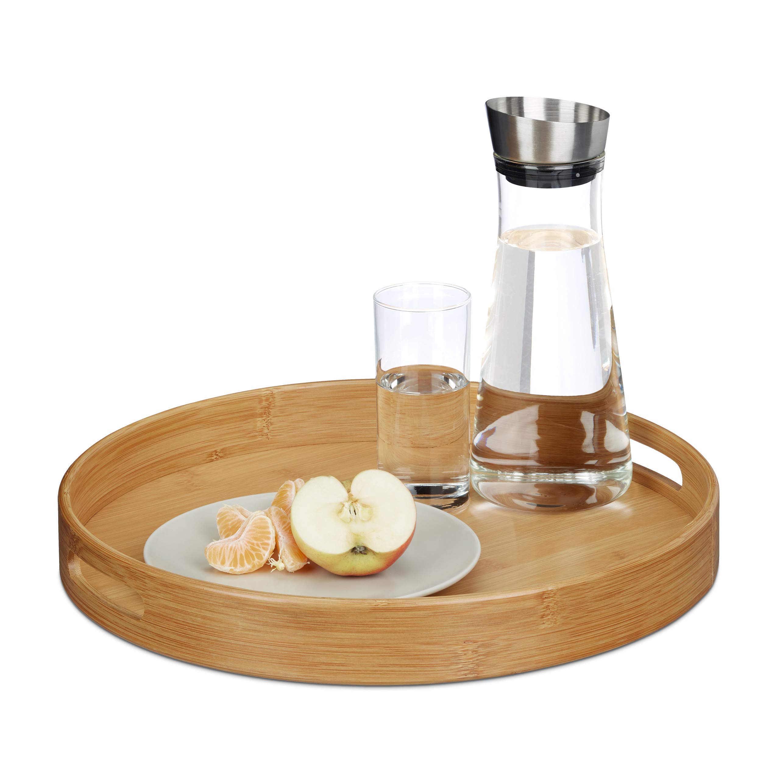 Relaxdays Round Bamboo Serving Tray, Raised Edge, Food Tray, Cut-Out Handles, Size: 5 x 38.5 x 38.5 cm, Wood, Natural