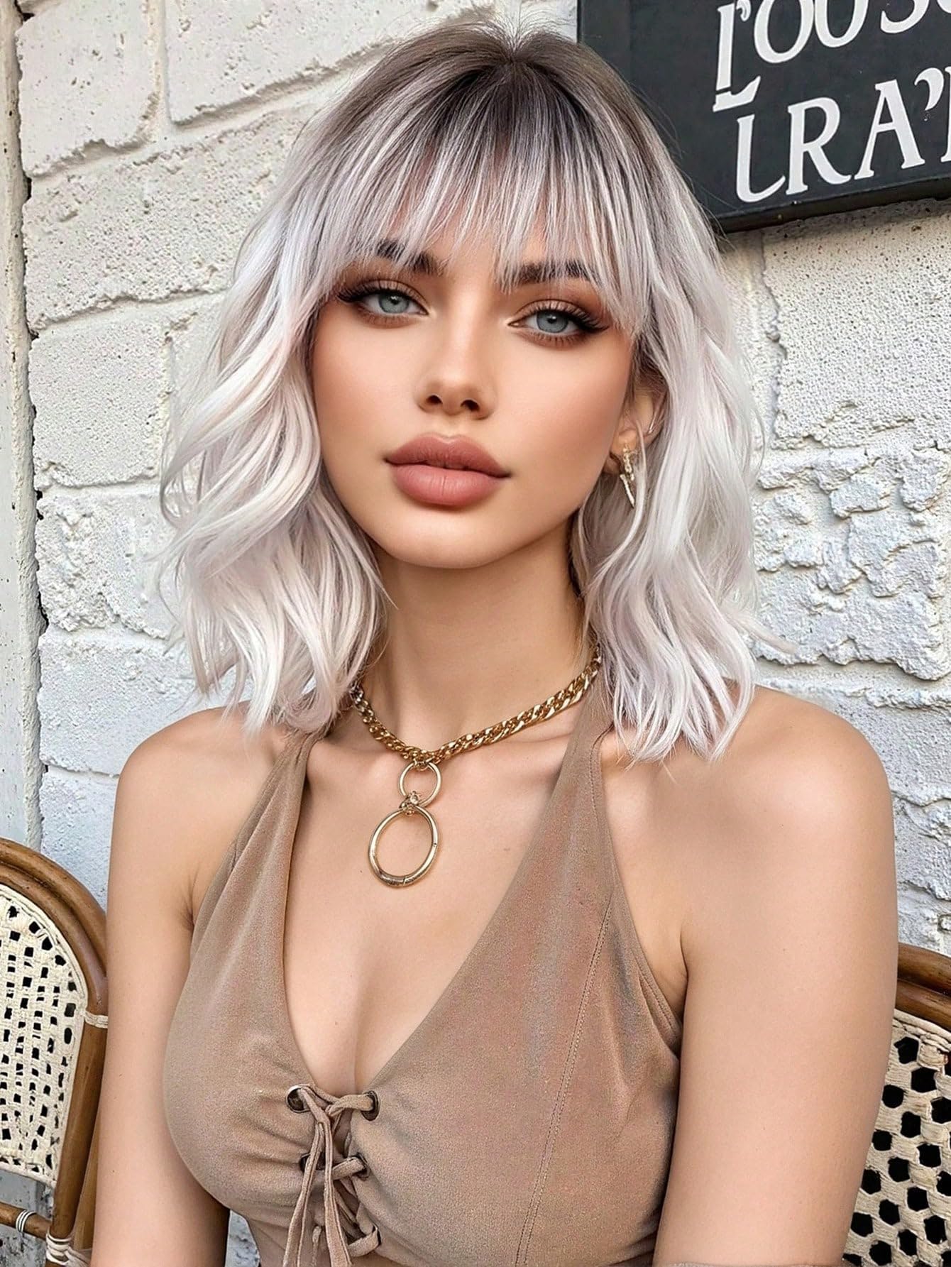 Colorfulpanda Short Bob Wigs for Women Light Blonde Wig with Brown Roots Curly Wavy Wigs with Fringe Natural Heat Resistant Synthetic Hair for Daily Use and Cosplay 14inch — image 1