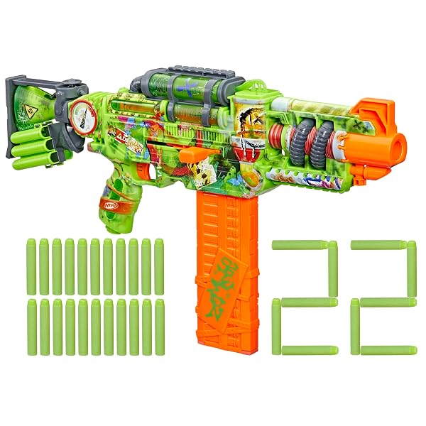 NERF ZOMBIE CORRUPTER DART BLASTER, 22 NERF ELITE DARTS, 18 DART CLIP, DART STORAGE, BOLT ACTION, OUTDOOR GAMES, AGES 8+