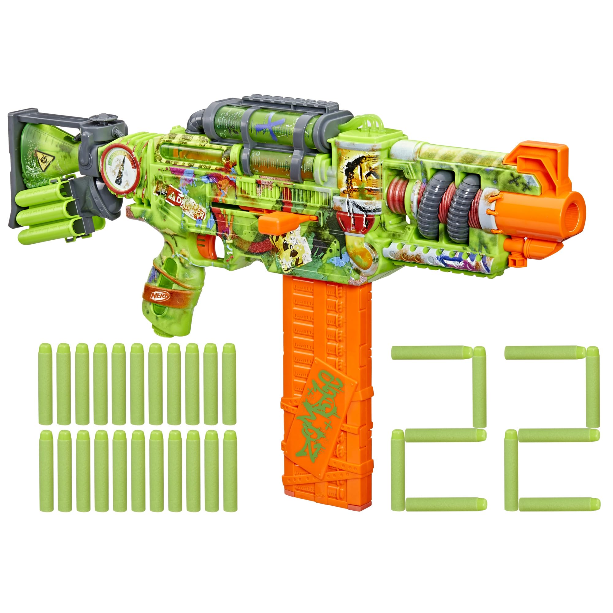 Nerf Zombie Corrupter Dart Blaster, 18-Dart Clip, 22 Nerf Elite Darts, Foam Dart Blaster for Kids 8+, Ambidextrous Bolt & 2 Tactical Rails, Great Gifts For Children