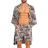 SWOMOG Mens Lightweight Kimono Robe with Shorts Set 2 PCS Printed Japanese Bathrobes Cardigan Robe with Belt & Pockets