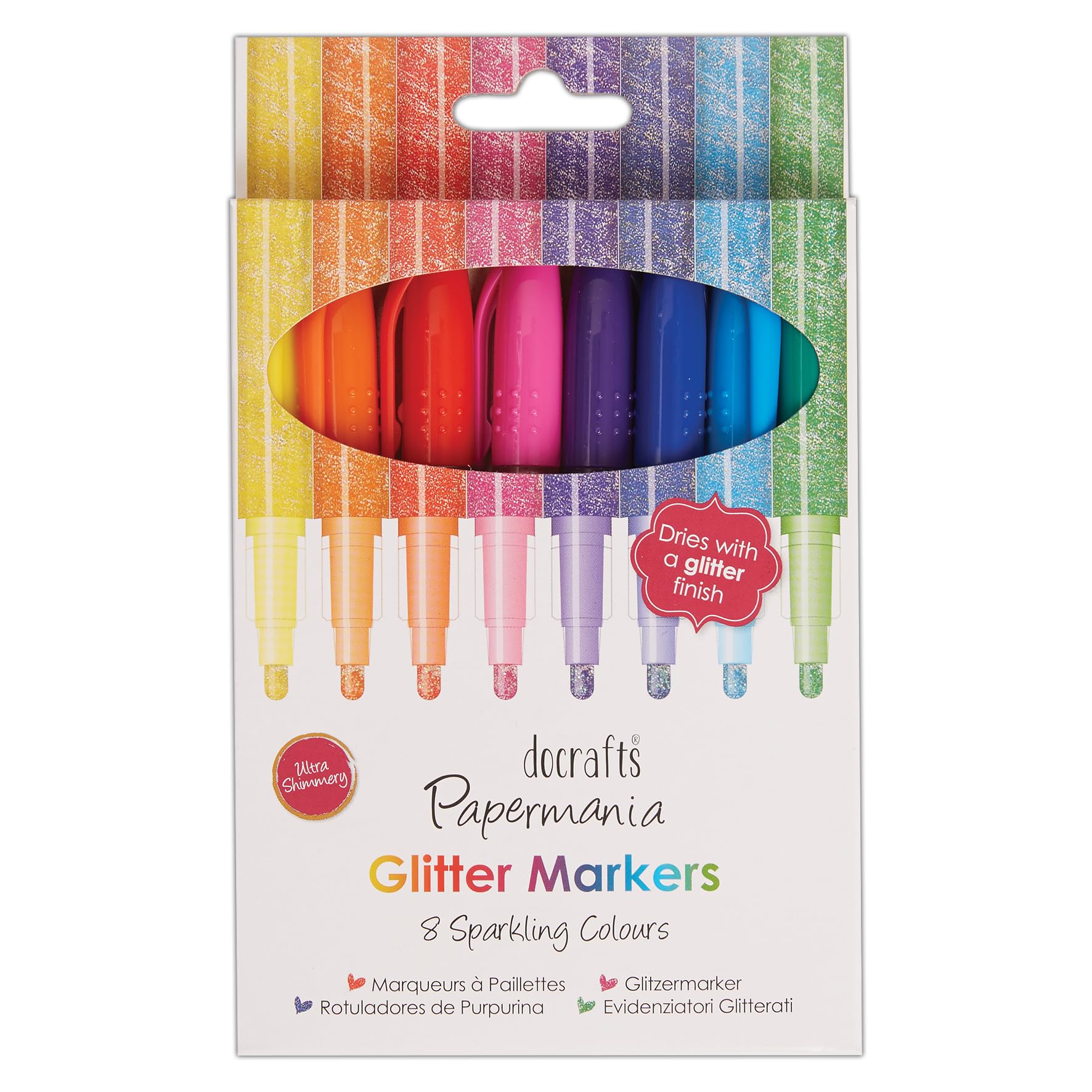 8 x Glitter Sparkle Bullet Tip Marker Pens Bright Rainbow Colours (Papermania)