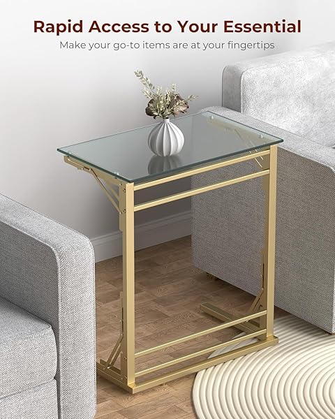 TATUB 24″ FOLDING TV TRAY TABLE SET OF 2, GLASS C SHAPED END TABLE FOR COUCH, SMALL SOFA-SIDE LAPTOP DESK WITH GOLD METAL FRAME FOR LIVING ROOM, BEDROOM, BEDSIDE