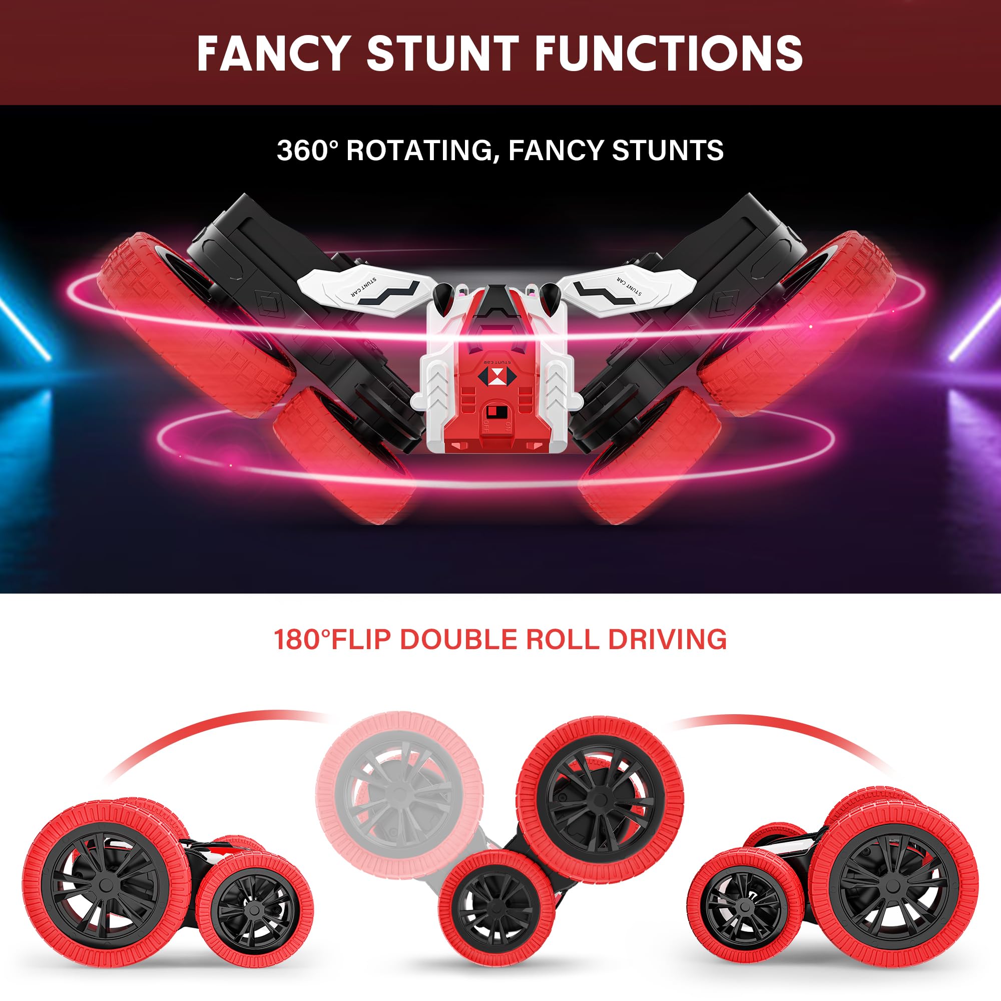 Double Sided RC Car, 4WD Off-Road Stunt Car with 360 Flips, 2.4Ghz Indoor/Outdoor All Terrain Rechargeable Electric Toy Car for Kids 3+