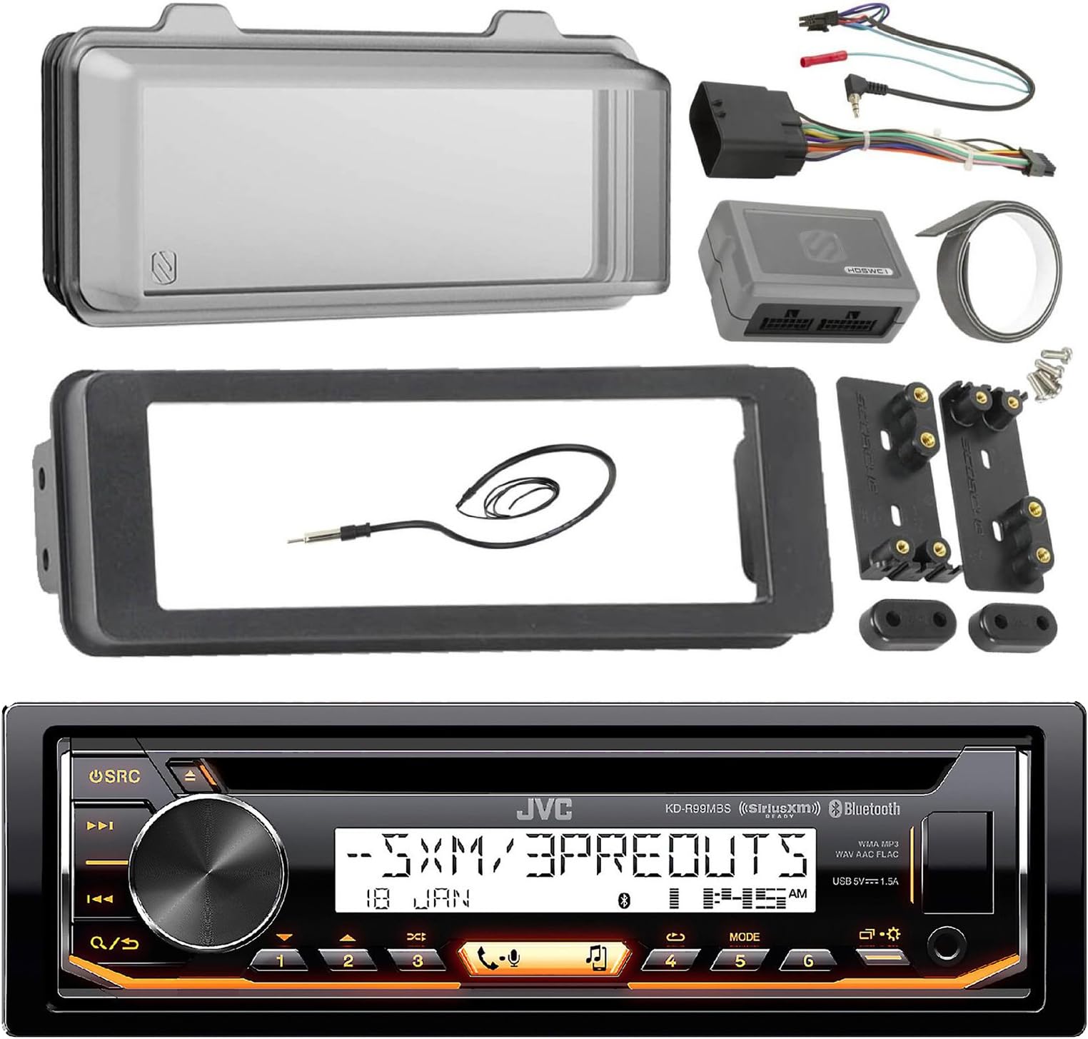 JVC Marine Radio Stereo Receiver Bundle, 1998 2013 Harley Davidson Touring Flht Flhx Flhtc, Adapter Dash Kit, Handle Bar Control Module, Weathershield Cover, Enrock Wire Antenna