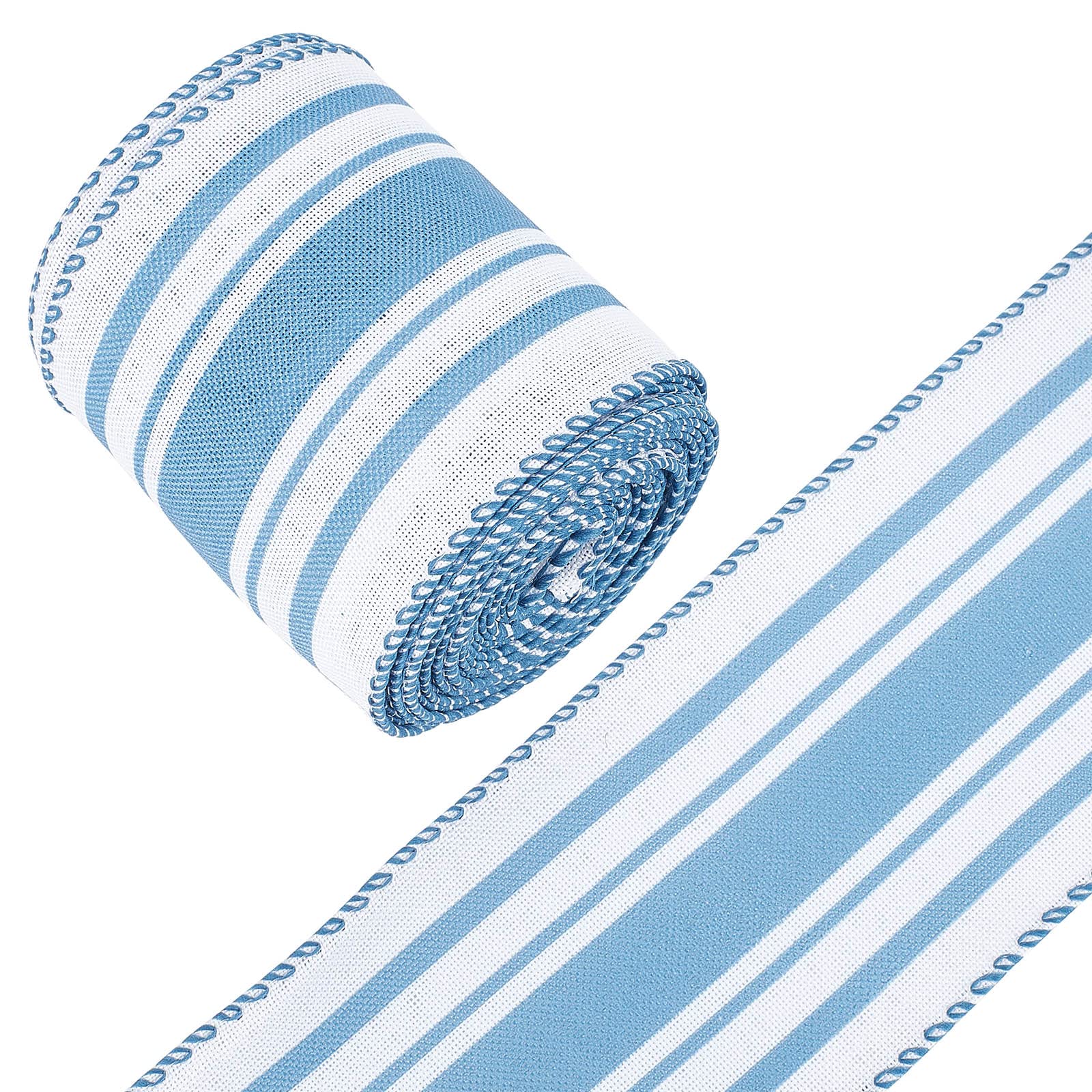 GORGECRAFT 12 Yards Blue White Stripe Ribbon Wired Ribbon 2-1/2 inch Blue Burlap Ribbon Ivory Stripe Edge Blue Wired Christmas Ribbon for Wreath Garland Bow Making DIY Crafting Rustic Party Decor