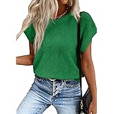 SHEWIN Womens Tops Crewneck Cable Knit Short Sleeve Sweater Loose Lightweight Blouses Dressy Casual Pullover Sweaters Top