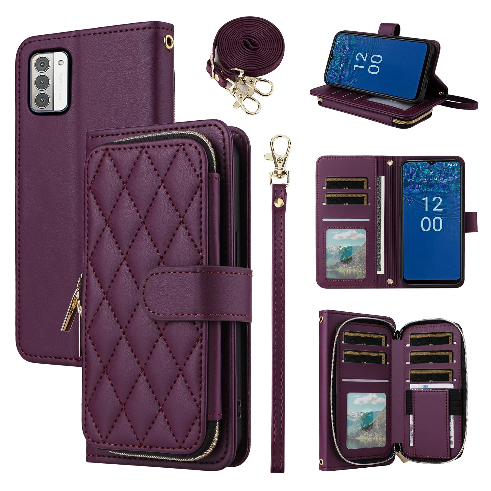 ELISORLI Wallet Case for Nokia G42 5G / Nokia G310 5G (6.56") with Detachable Wrist Strap Crossbody Shoulder Strap 9 Card Slots Zipper Purse Leather Phone Cover for NokiaG42 NokiaG310 Girls Wine Red