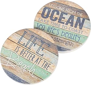 Life Is Better At The Beach Coastal Ocean Vintage Look 2.75 x 2.75 Absorbent Ceramic Car Coasters Pack of 2