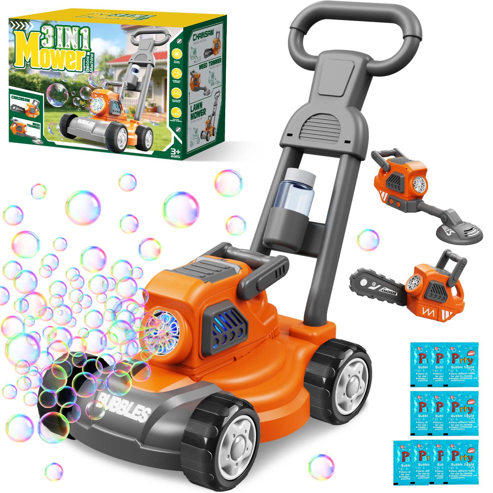 Bubble Lawn Mower for Kids Ages 3-6, 3-in-1 Bubble Machine Maker with 10 Bubble Solution, Outdoor Push Toy for Toddlers Boys Girls, Summer Birthday Christmas Easter Gift for Age 3 4 5 6 Year Old