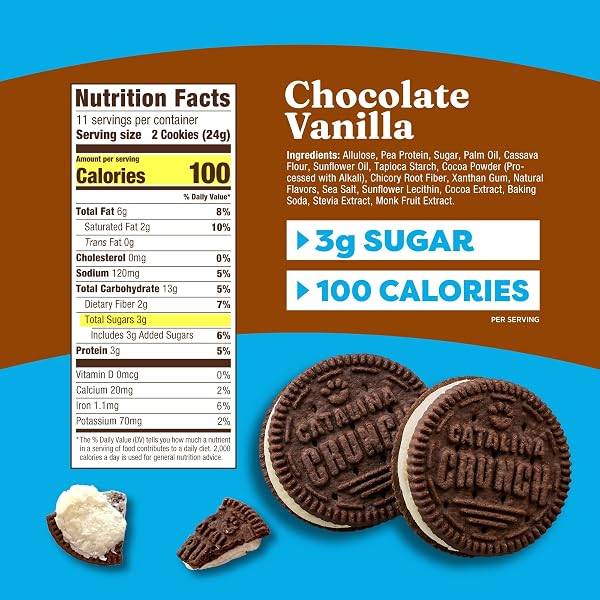 CATALINA CRUNCH PROTEIN COOKIES, 4G PROTEIN PER SERVING – LOW-SUGAR SANDWICH COOKIES – GLUTEN FREE, VEGAN – KETO DESSERT SNACKS – CHOCOLATE VANILLA, 8.9 OZ. (21 COUNT)