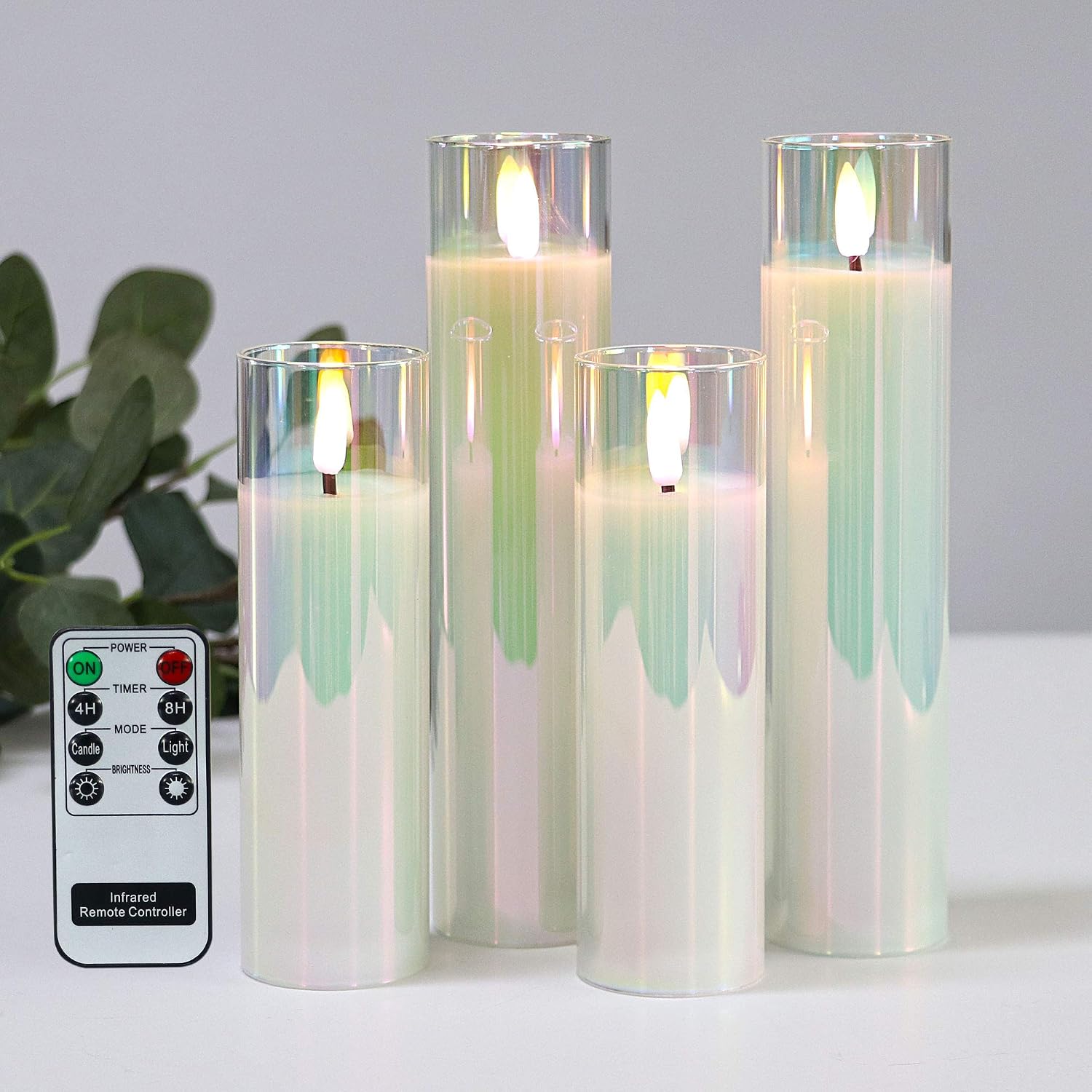 Rhytsing Pearlesent Glass Battery Operated LED Candles, White Slim Flameless Candles with Remote, Warm White Light
