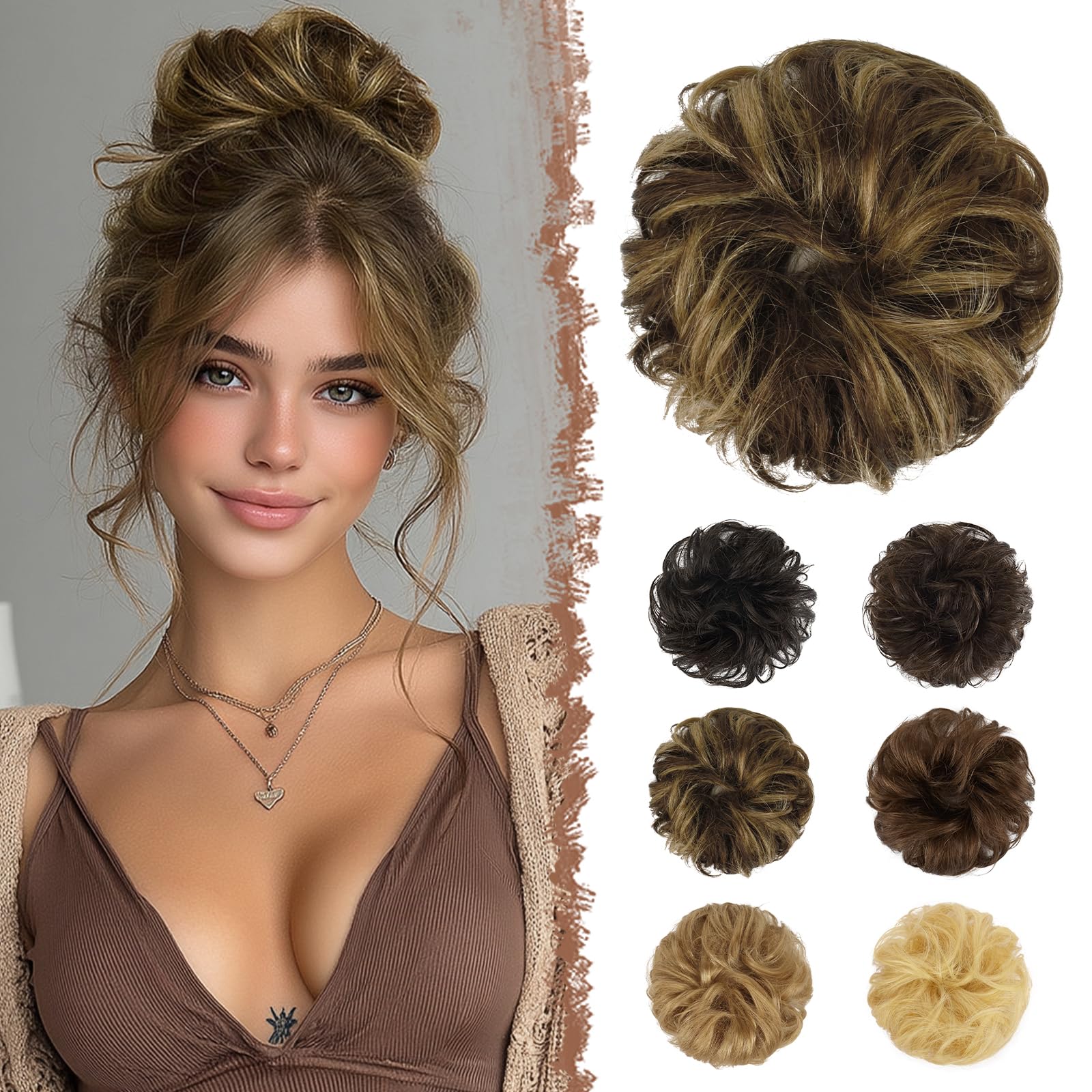 FESHFEN Human Hair Messy Buns, 100% Human Hair Bun Hair Pieces Real Human Hair Extension Wavy Hair Scrunchies Tousled Updo Hairpieces for Women Girls, Brown Mixed Blonde โ image 1