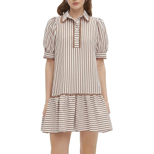 EZAPINE Striped Dress for Women V Neck 3/4 Bow Puff Sleeve Summer A Line  Flowy Shirt Dress with Pockets Blue at Amazon Women's Clothing store