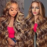 Megeen Body Wave Honey Blonde Lace Front Wig Human Hair Pre Plucked Highlight Ombre P4/27 Colored 210% Density 13x4 HD Lace Frontal Wigs Human Hair for Women 22Inch
