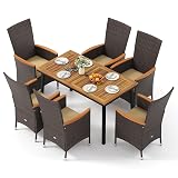 Tangkula 7 Pieces Rattan Outdoor Dining Set for 6, Outdoor Acacia Wood Table Set with 6 Cushioned Wicker Chairs, Umbrella Hole, Patio Dining Furniture Set for Deck Pool Backyard
