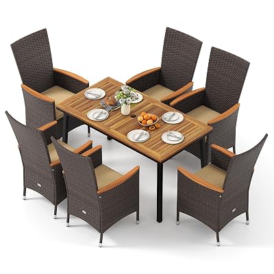 Tangkula 7 Pieces Rattan Outdoor Dining Set for 6, Outdoor Acacia Wood Table Set with 6 Cushioned Wicker Chairs, Umbrella Hole, Patio Dining Furniture Set for Deck Pool Backyard