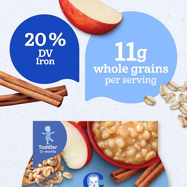 GERBER OATMEAL AND BARLEY APPLE CINNAMON CEREAL, TODDLER OATMEAL, IRON, WHOLE GRAINS, 8PK