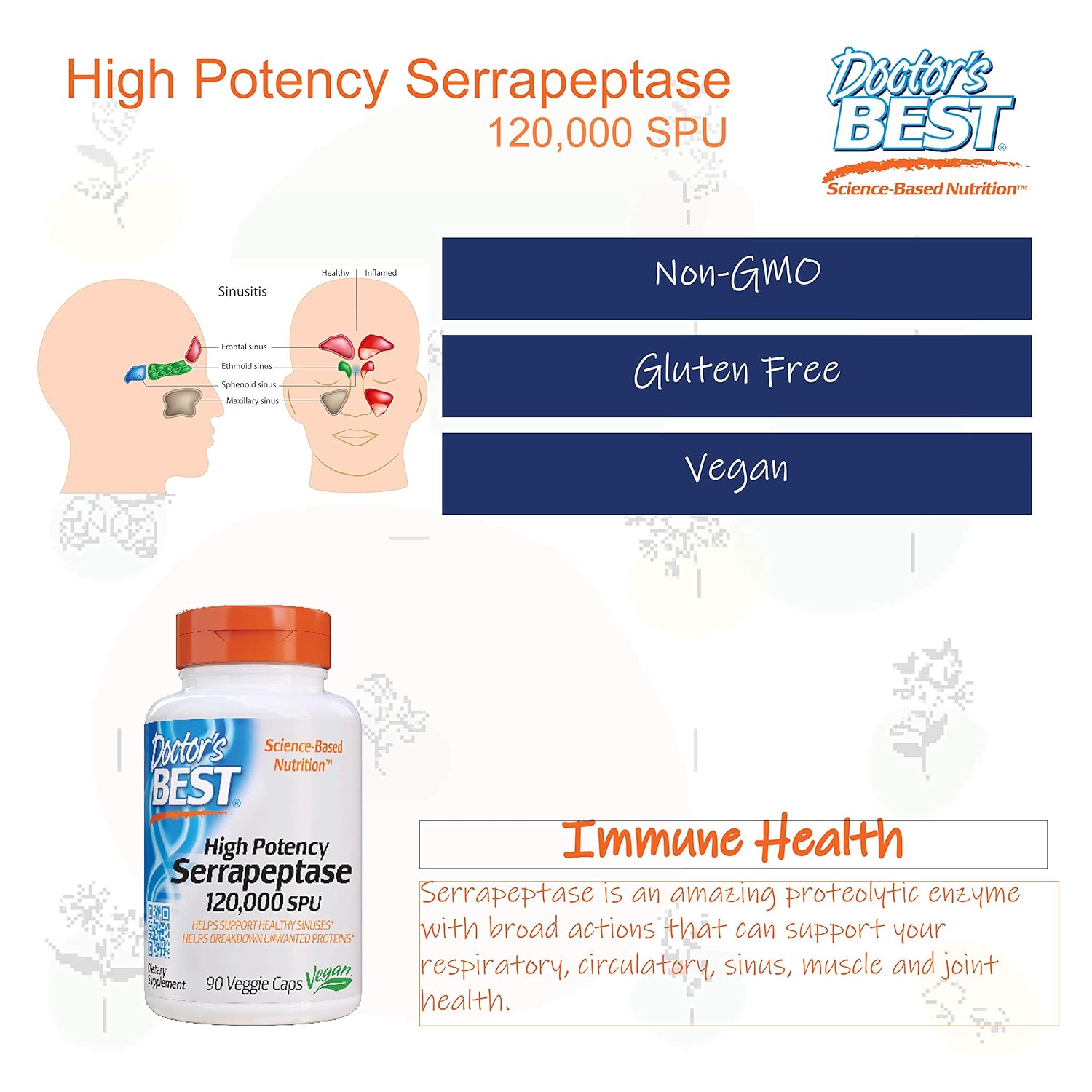 Doctor's Best High Potency Serrapeptase, Non-GMO, Gluten Free, Vegan, Supports Healthy Sinuses, 120,000 SPU, 90 Veggie Caps: Health & Personal Care